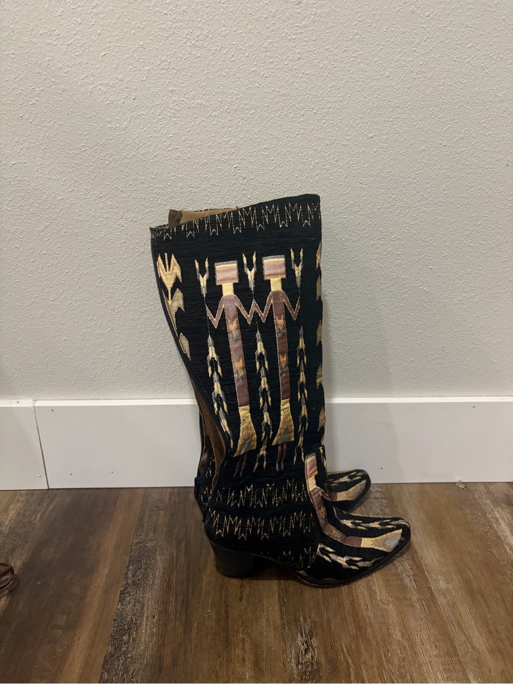 Vintage embroidered tapestry knee-high boots | Black + Gold boho statement boots